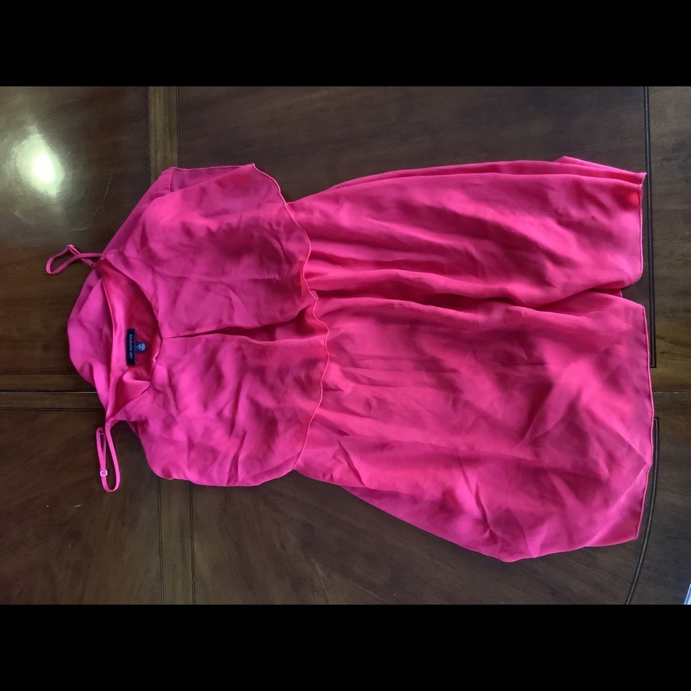 red dress open back, one strap very loose